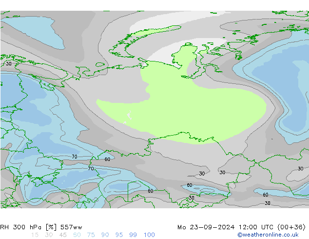 RH 300 hPa 557ww Mo 23.09.2024 12 UTC