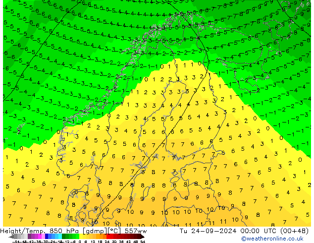 Yükseklik/Sıc. 850 hPa 557ww Sa 24.09.2024 00 UTC