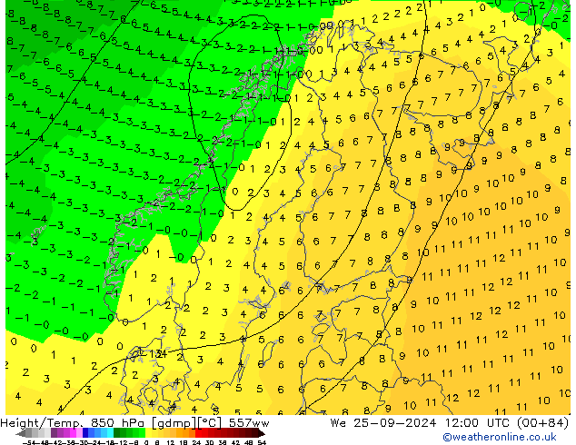 Height/Temp. 850 гПа 557ww ср 25.09.2024 12 UTC