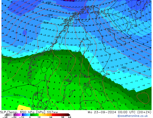 SLP/Temp. 850 hPa 557ww 星期一 23.09.2024 00 UTC