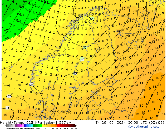 Height/Temp. 925 hPa 557ww Th 26.09.2024 00 UTC