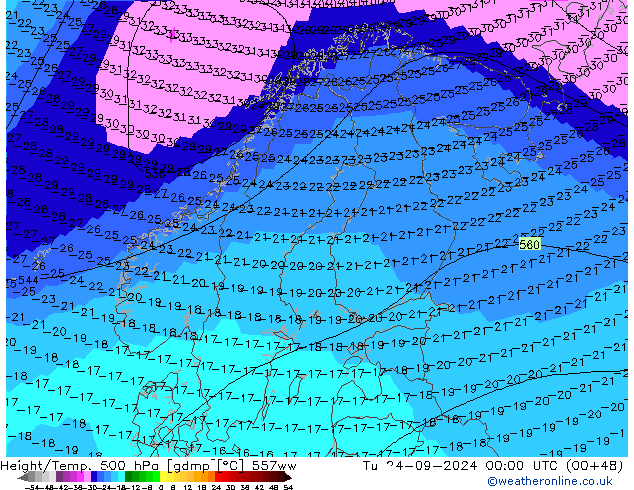 Height/Temp. 500 hPa 557ww Út 24.09.2024 00 UTC