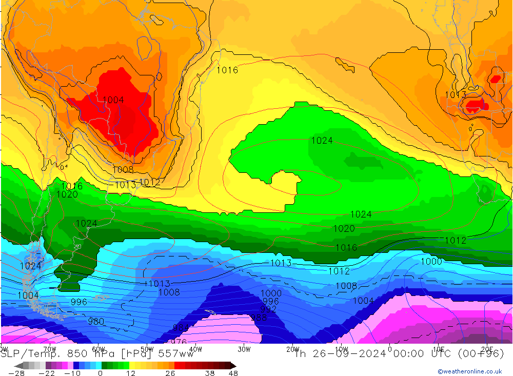 SLP/Temp. 850 hPa 557ww Th 26.09.2024 00 UTC