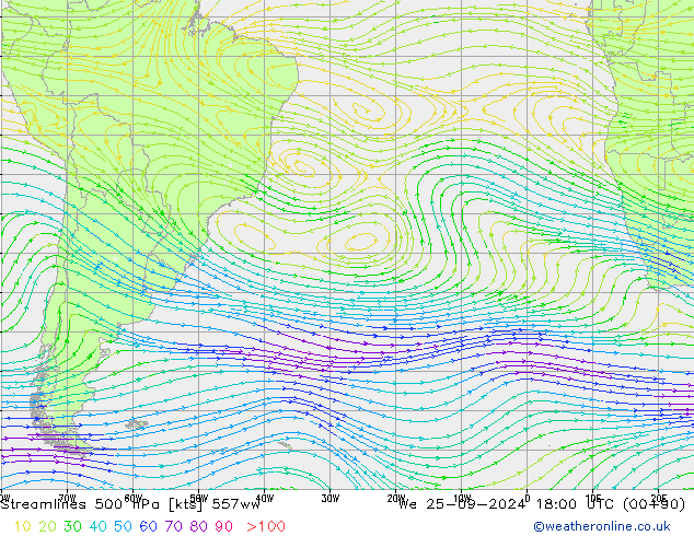 Linia prądu 500 hPa 557ww śro. 25.09.2024 18 UTC