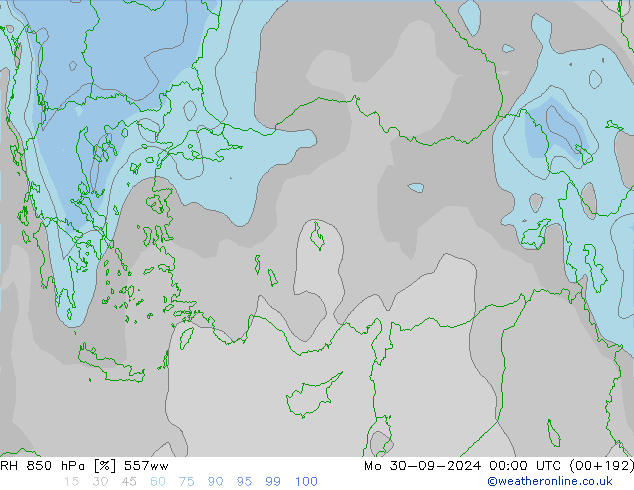 RH 850 hPa 557ww Mo 30.09.2024 00 UTC