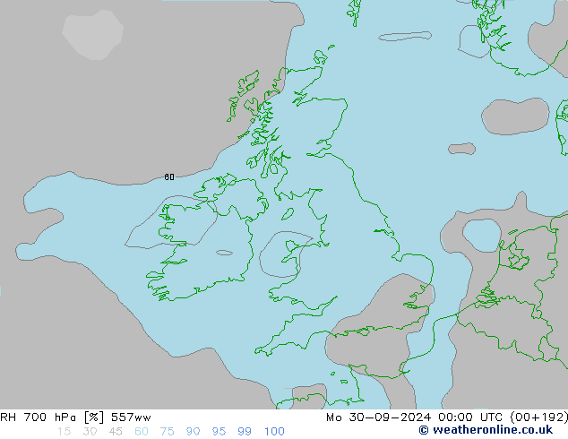 RH 700 hPa 557ww Mo 30.09.2024 00 UTC