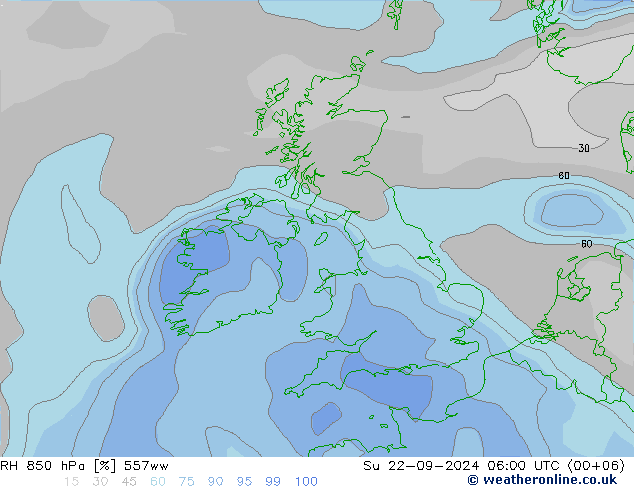 RH 850 гПа 557ww Вс 22.09.2024 06 UTC