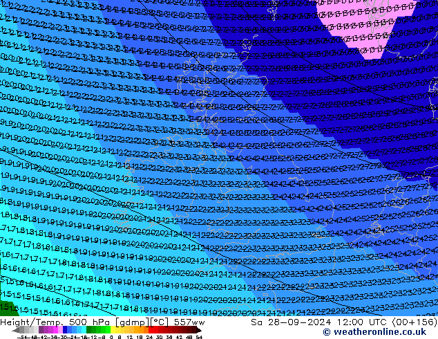 Height/Temp. 500 гПа 557ww сб 28.09.2024 12 UTC