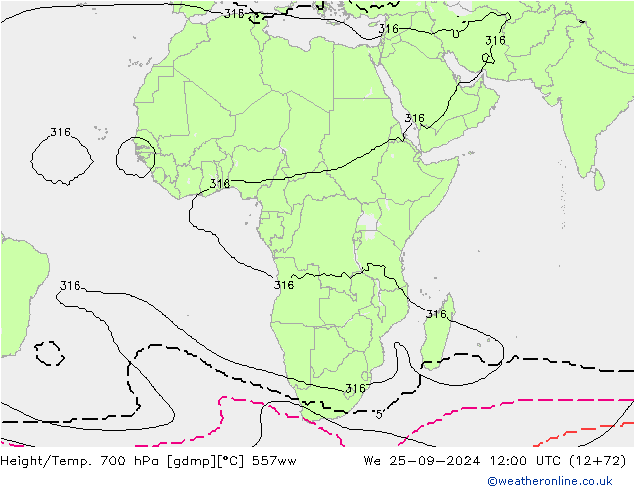 Height/Temp. 700 hPa 557ww Qua 25.09.2024 12 UTC