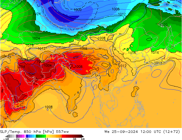 SLP/Temp. 850 hPa 557ww śro. 25.09.2024 12 UTC