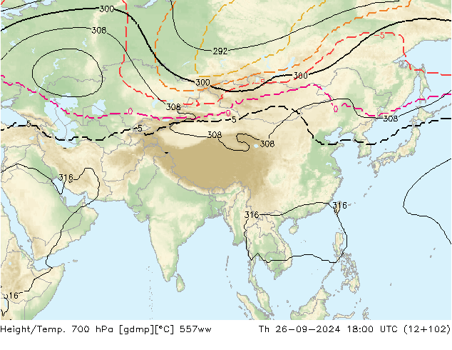 Height/Temp. 700 hPa 557ww czw. 26.09.2024 18 UTC