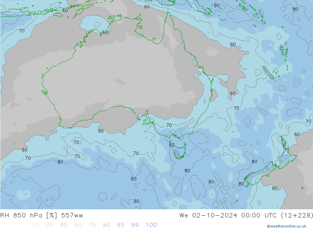 RH 850 hPa 557ww We 02.10.2024 00 UTC