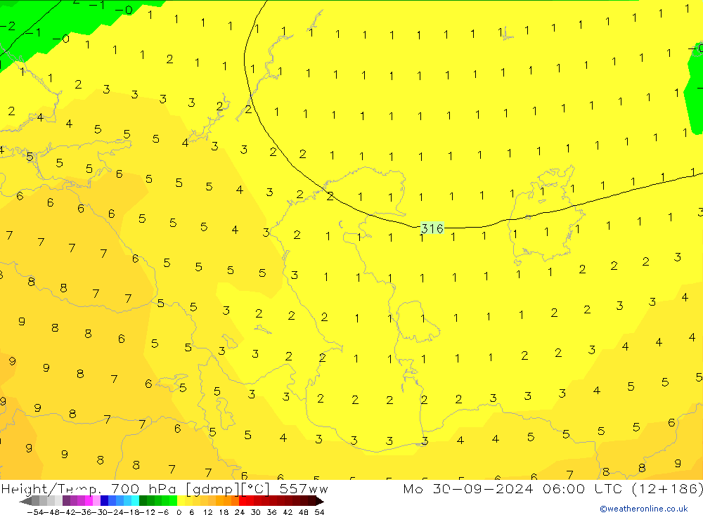 Height/Temp. 700 hPa 557ww Po 30.09.2024 06 UTC