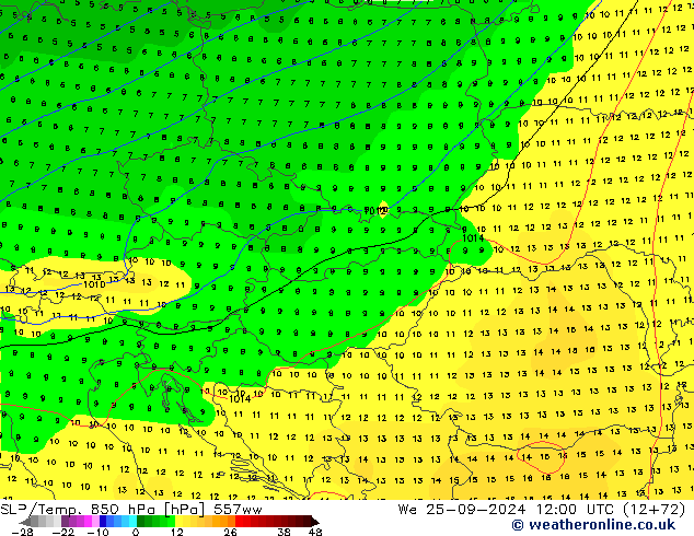 850 hPa Yer Bas./Sıc 557ww Çar 25.09.2024 12 UTC