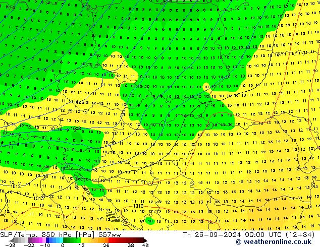 SLP/Temp. 850 hPa 557ww Th 26.09.2024 00 UTC