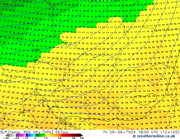 SLP/Temp. 850 hPa 557ww jeu 26.09.2024 18 UTC