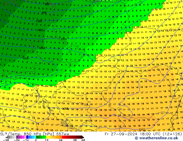 SLP/Temp. 850 гПа 557ww пт 27.09.2024 18 UTC