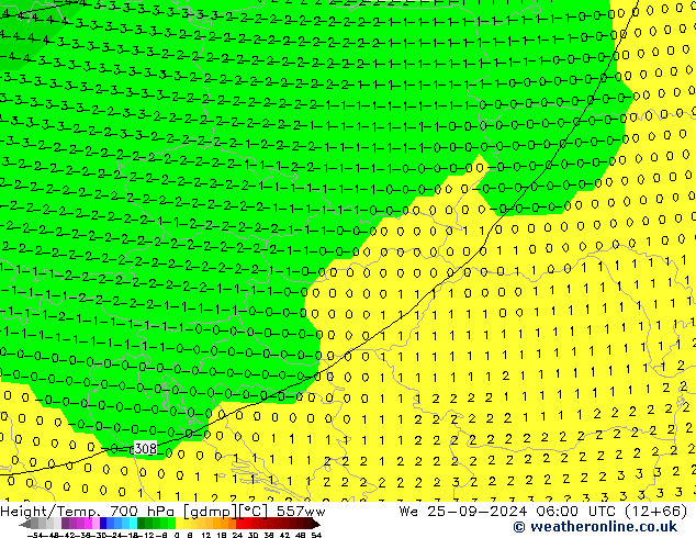 Height/Temp. 700 hPa 557ww St 25.09.2024 06 UTC