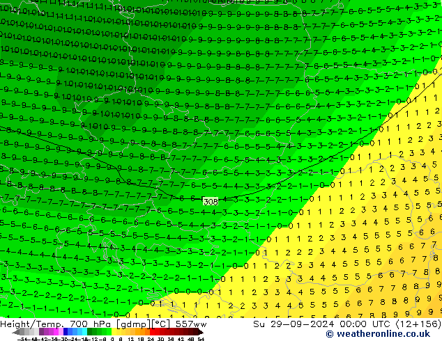 Géop./Temp. 700 hPa 557ww dim 29.09.2024 00 UTC