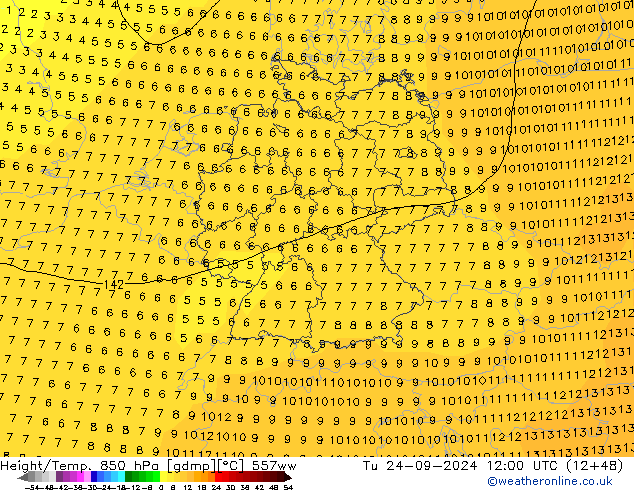 Height/Temp. 850 hPa 557ww Ter 24.09.2024 12 UTC