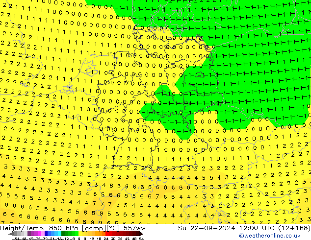 Géop./Temp. 850 hPa 557ww dim 29.09.2024 12 UTC