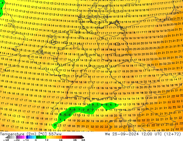 Temperature (2m) 557ww We 25.09.2024 12 UTC