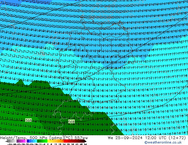 Height/Temp. 500 hPa 557ww We 25.09.2024 12 UTC