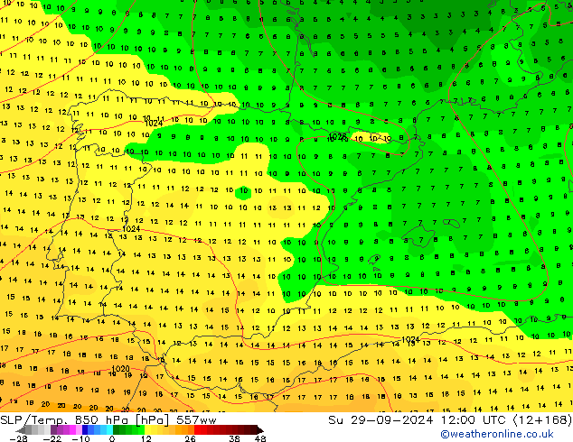 SLP/Temp. 850 hPa 557ww Dom 29.09.2024 12 UTC