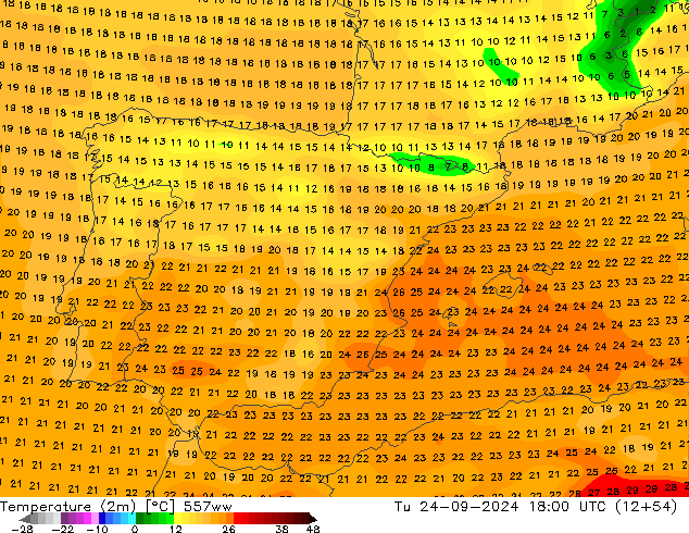 mapa temperatury (2m) 557ww wto. 24.09.2024 18 UTC