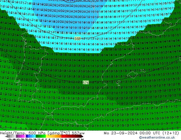 Height/Temp. 500 hPa 557ww pon. 23.09.2024 00 UTC