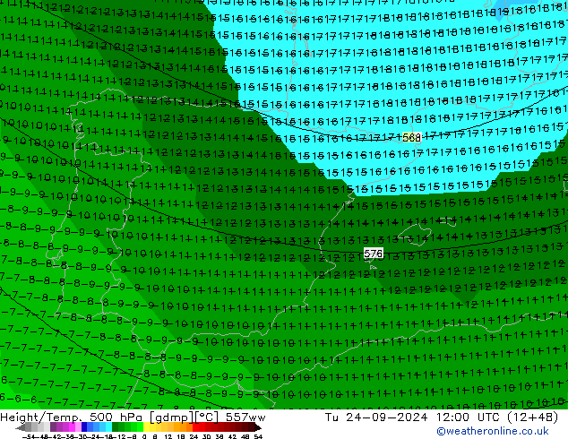 Yükseklik/Sıc. 500 hPa 557ww Sa 24.09.2024 12 UTC