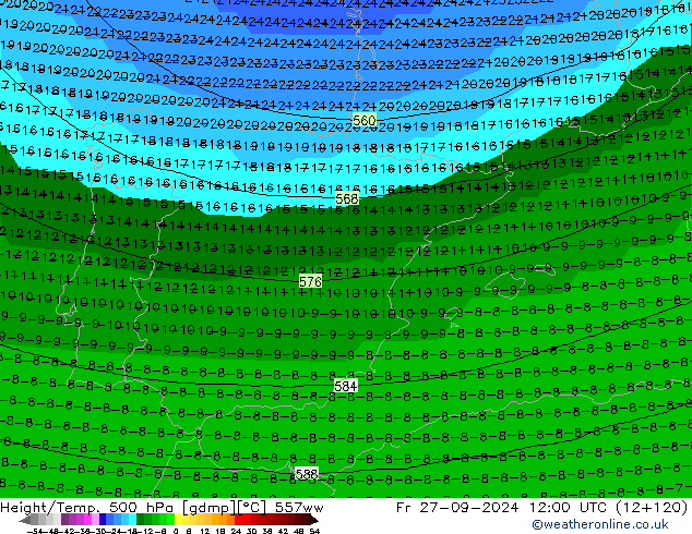 Height/Temp. 500 hPa 557ww pt. 27.09.2024 12 UTC