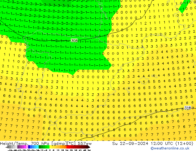 Height/Temp. 700 hPa 557ww nie. 22.09.2024 12 UTC