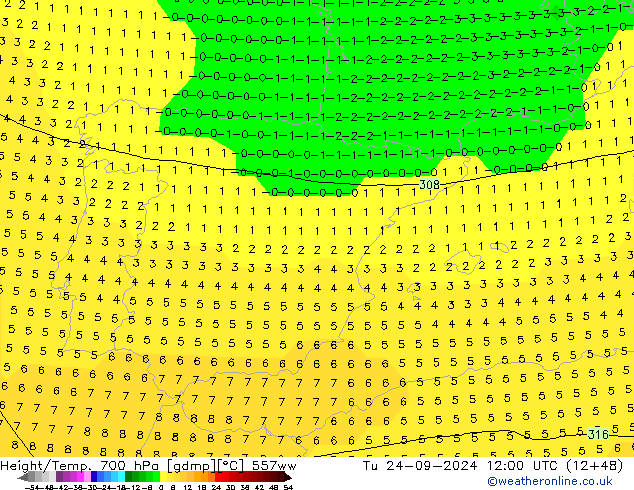 Géop./Temp. 700 hPa 557ww mar 24.09.2024 12 UTC