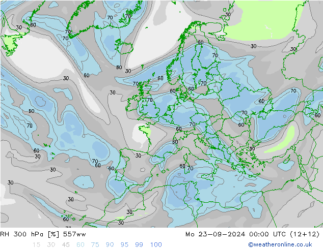 RH 300 hPa 557ww pon. 23.09.2024 00 UTC