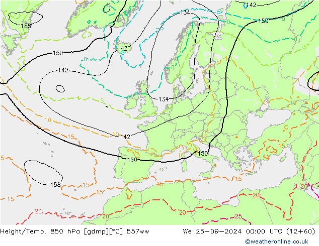 Height/Temp. 850 hPa 557ww We 25.09.2024 00 UTC