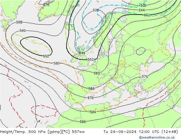 Height/Temp. 500 hPa 557ww Tu 24.09.2024 12 UTC