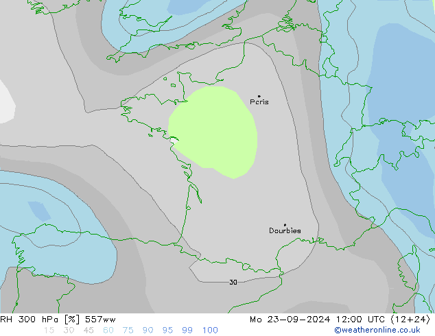 RH 300 hPa 557ww Mo 23.09.2024 12 UTC