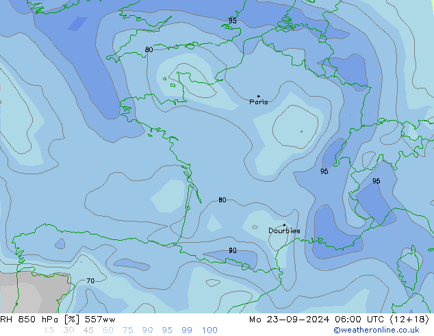 RH 850 hPa 557ww pon. 23.09.2024 06 UTC