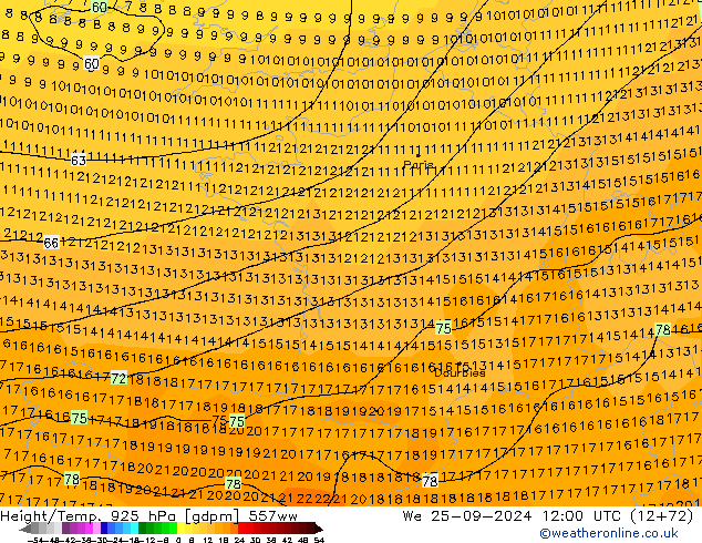 Height/Temp. 925 hPa 557ww mer 25.09.2024 12 UTC