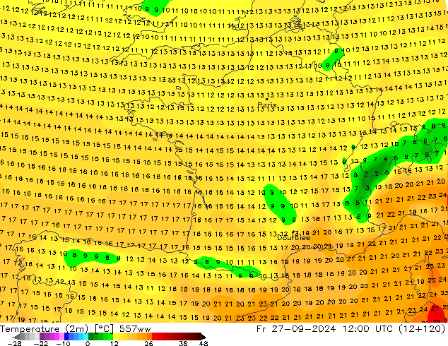 mapa temperatury (2m) 557ww pt. 27.09.2024 12 UTC