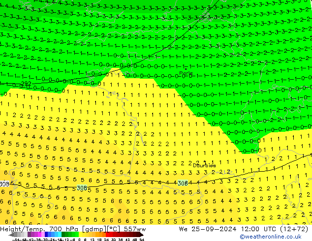 Height/Temp. 700 hPa 557ww Mi 25.09.2024 12 UTC