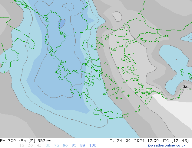 RH 700 hPa 557ww Út 24.09.2024 12 UTC