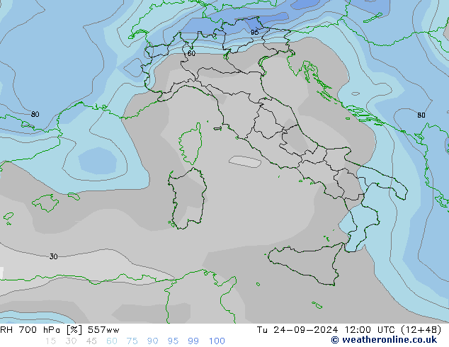 RH 700 hPa 557ww mar 24.09.2024 12 UTC