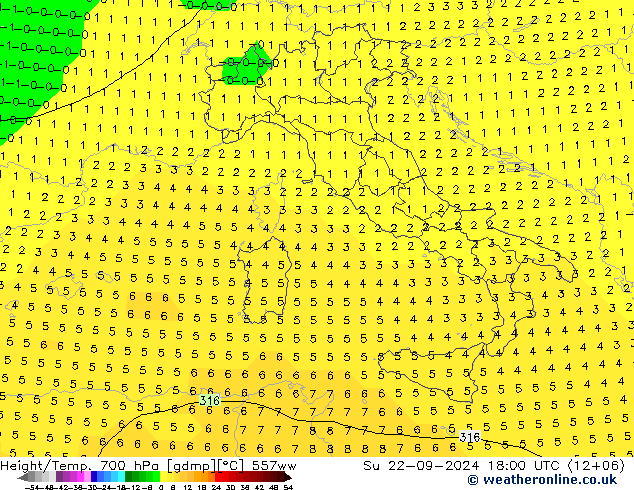 Height/Temp. 700 hPa 557ww Su 22.09.2024 18 UTC