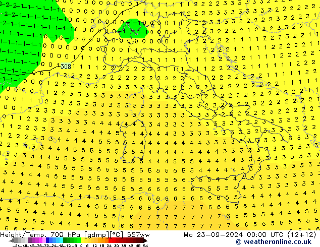 Height/Temp. 700 hPa 557ww Mo 23.09.2024 00 UTC