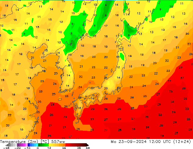 Temperature (2m) 557ww Mo 23.09.2024 12 UTC