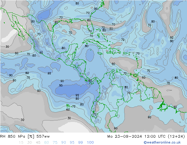 RH 850 hPa 557ww Mo 23.09.2024 12 UTC