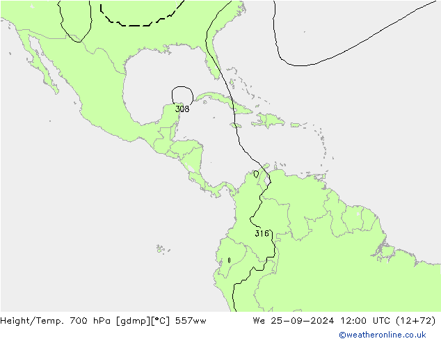 Height/Temp. 700 hPa 557ww śro. 25.09.2024 12 UTC