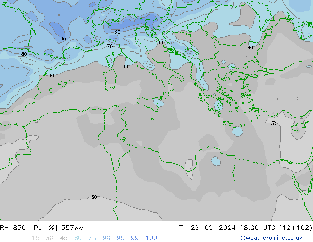 RH 850 hPa 557ww Čt 26.09.2024 18 UTC